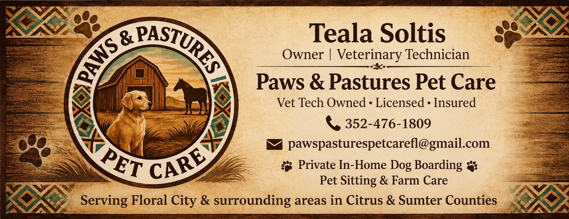 Paws & Pastures Pet Care business card — (352) 476-1809