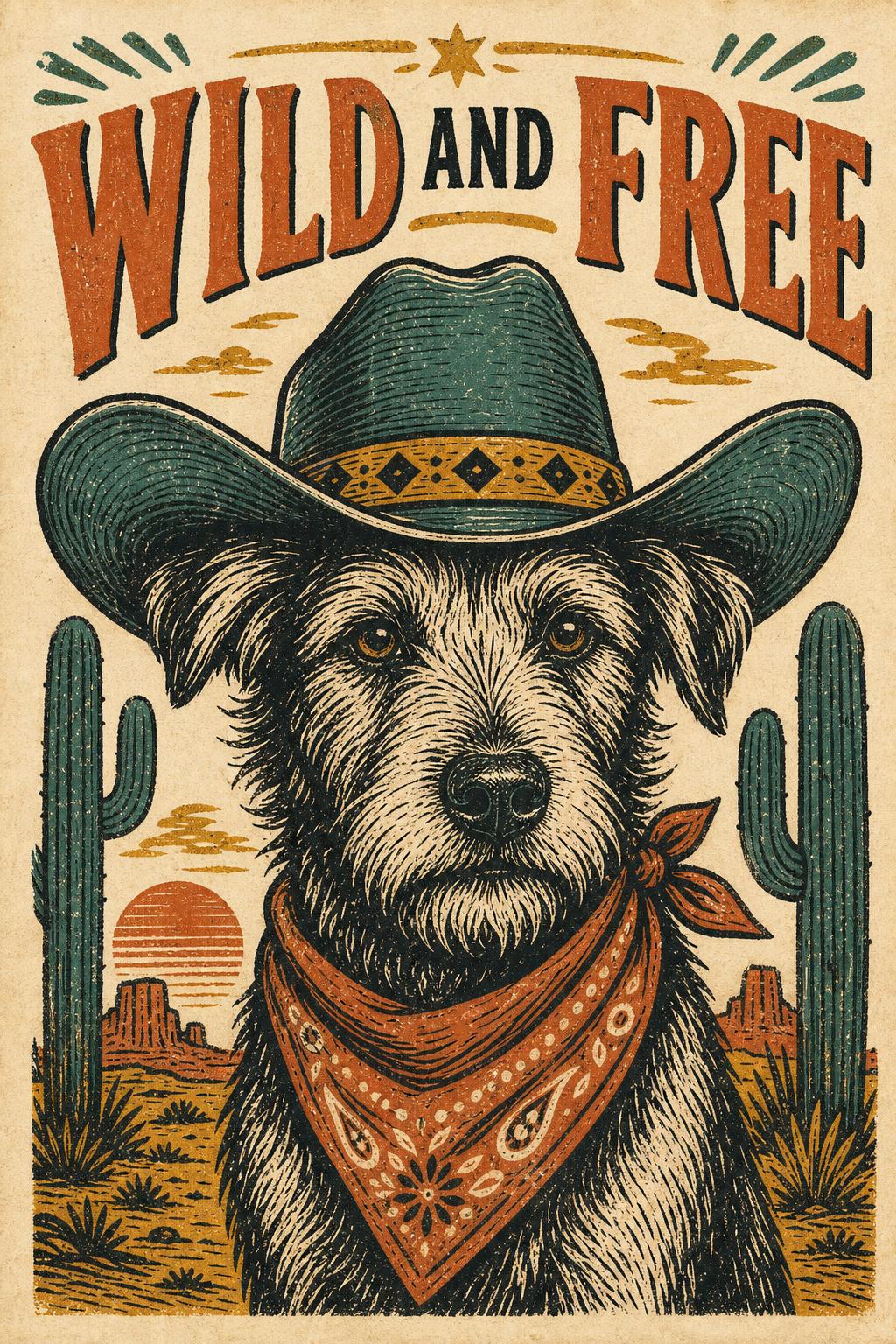 Wild and Free — vintage cowboy dog print